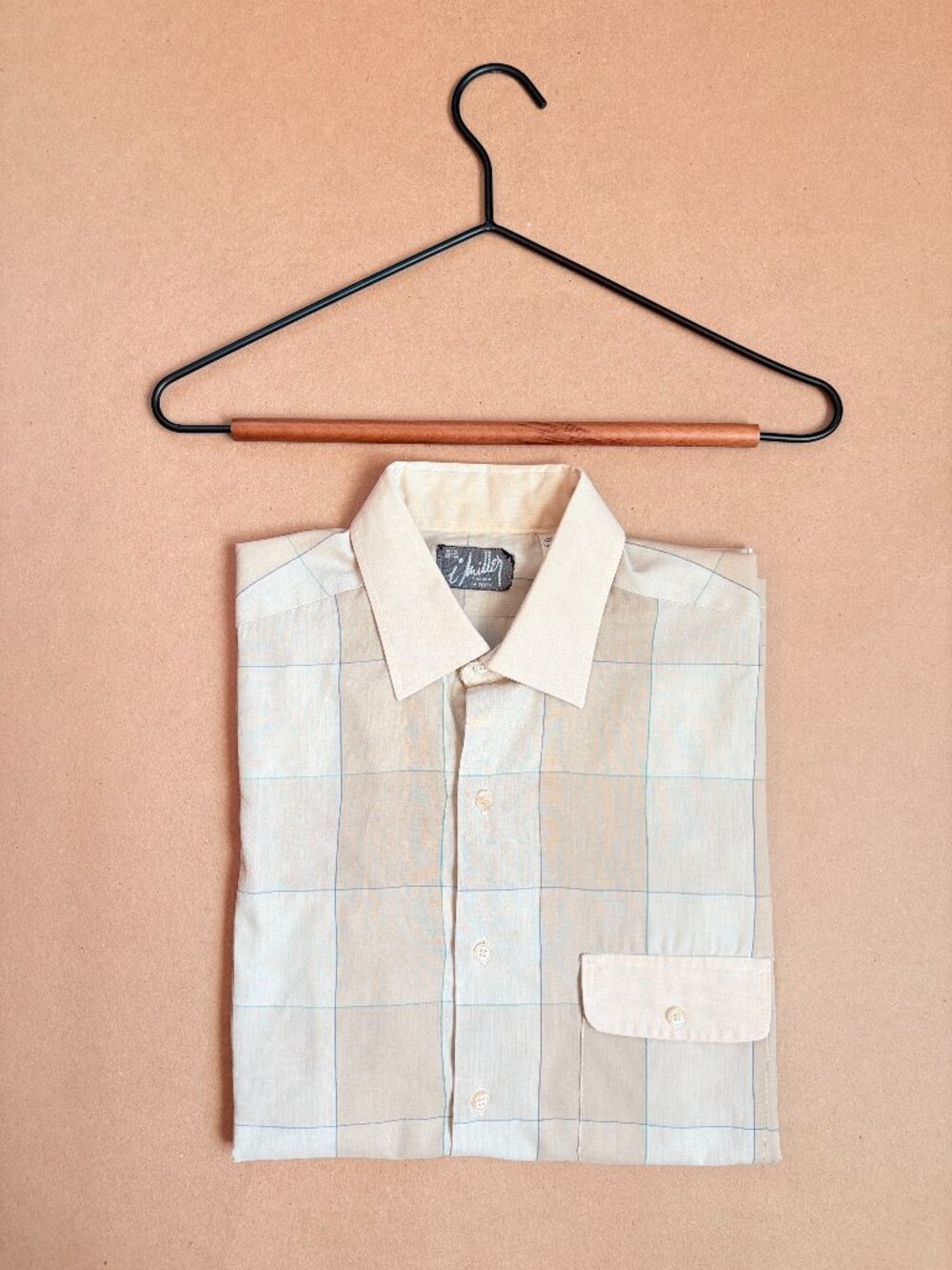 I. Miller Beige Check Woven Shirt 38/40 Long Sleeve Point Collar Medium